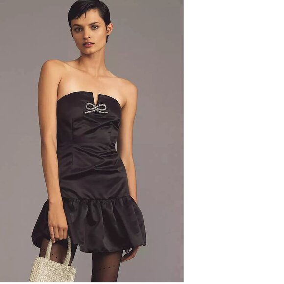 By Anthropologie Maeve Strapless Bow Bubble-Hem Mini Dress size S new nwt black - Picture 3 of 4